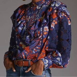 Farm Rio Smocked Blouse - Floral Patterned Blouse with Lace Details